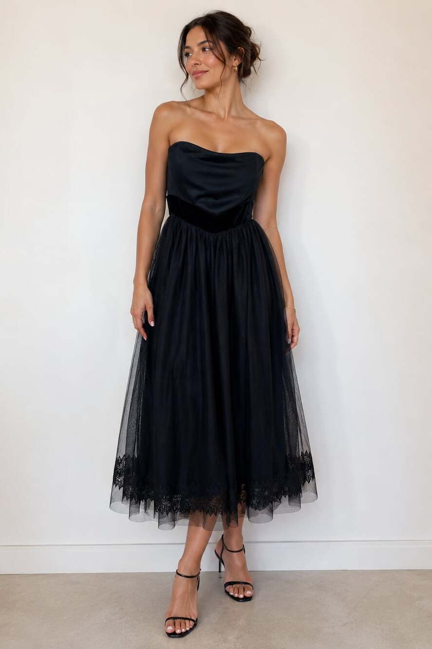 Vera Wang Black Strapless Tulle Midi Dress with Velvet Waist Detail